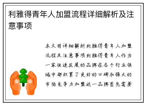 利雅得青年人加盟流程详细解析及注意事项