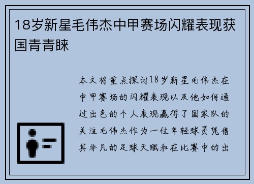 18岁新星毛伟杰中甲赛场闪耀表现获国青青睐