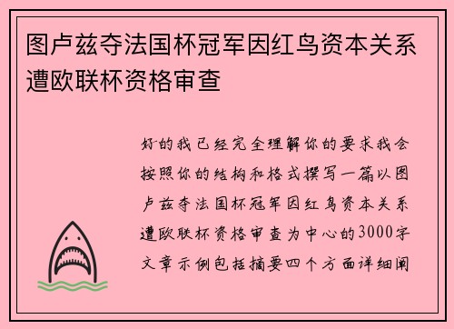 图卢兹夺法国杯冠军因红鸟资本关系遭欧联杯资格审查 图卢兹夺法国杯冠军因红鸟资本关系遭欧联杯资格审查