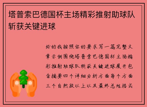 塔普索巴德国杯主场精彩推射助球队斩获关键进球